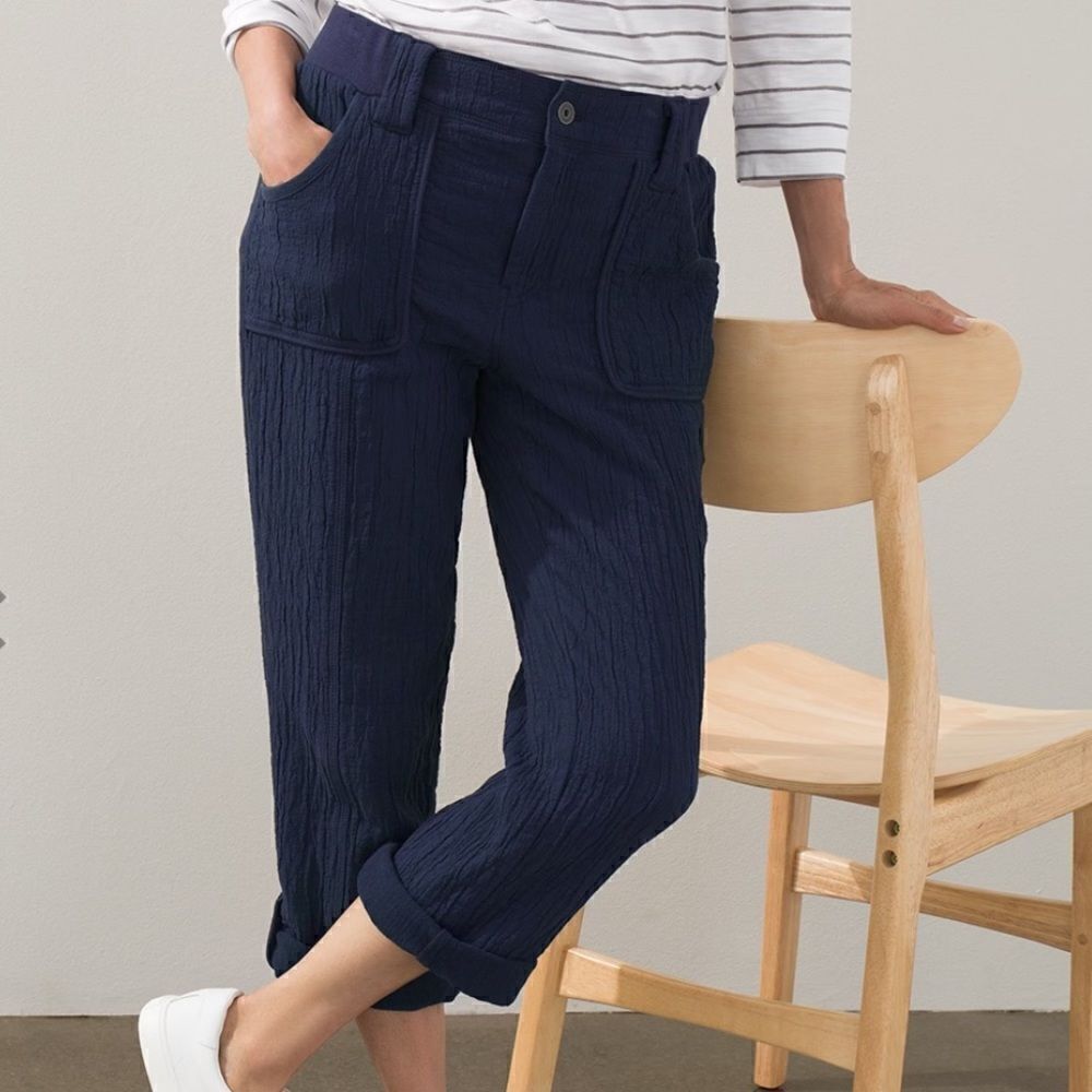 Chico’s Crinkle Navy Blue Cotton Cargo Joggers Size 14